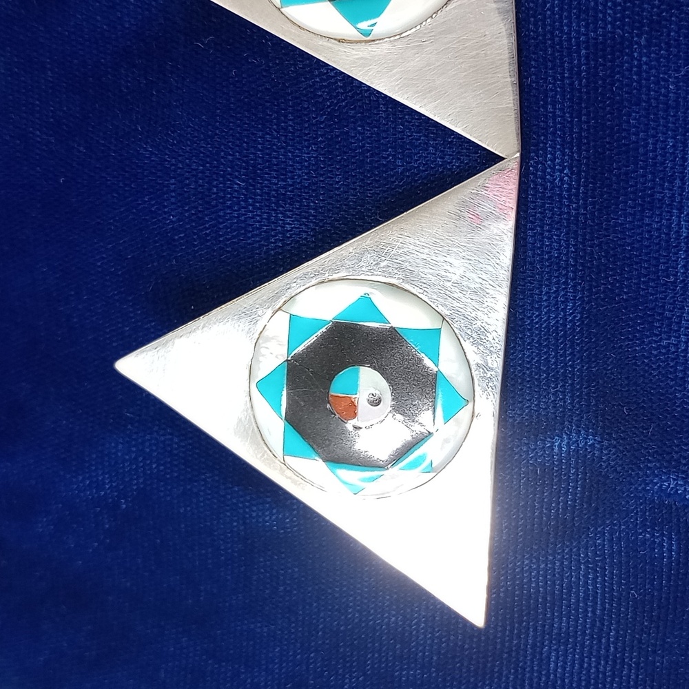 Vintage Zuni SunFace Turquoise, MOP , Onyx Inlay on Sterling Silver Earrings - Picture 16 of 16
